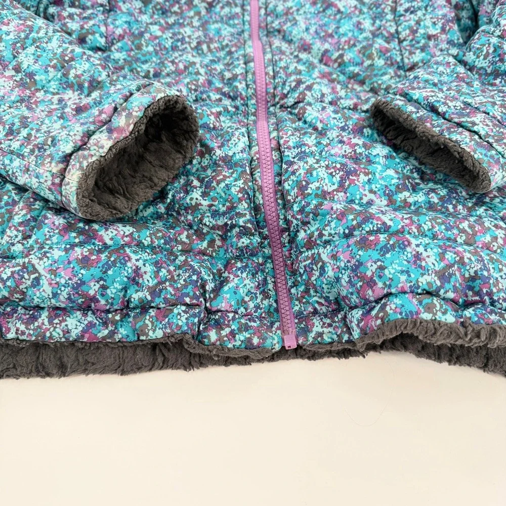 THE NORTH FACE Girls Reversible Mossbud Swirl Puffer Jacket Blue Purple XL 18